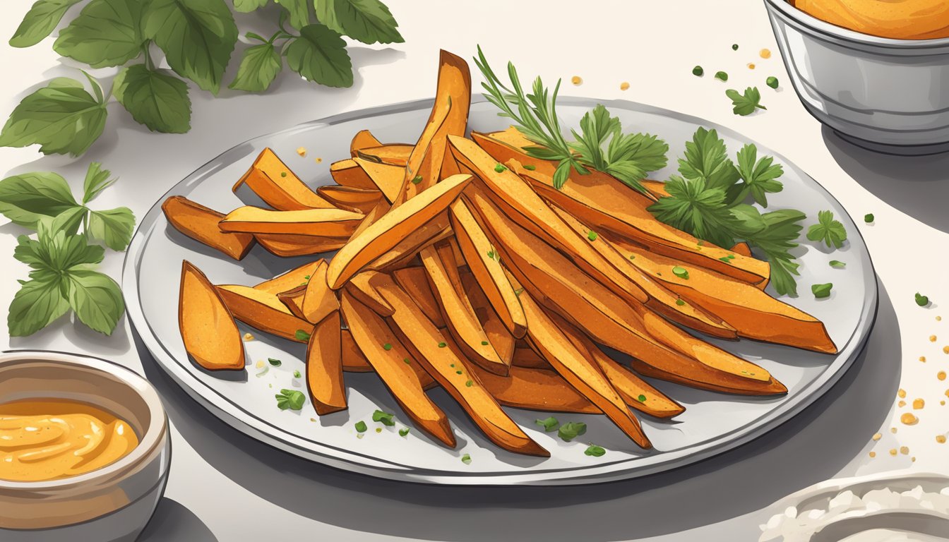 A plate of golden sweet potato fries, arranged in a neat pile with a sprinkle of salt, fresh herbs, and a side of dipping sauce