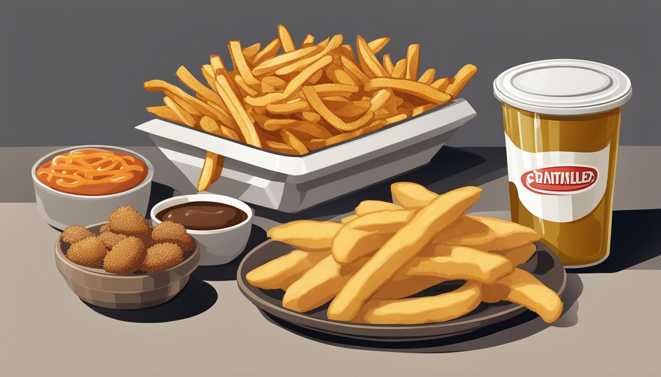 A variety of fried foods (french fries, chicken, donuts) are shown next to a container of used frying oil. Some foods are crispy and golden, while others appear greasy and dark