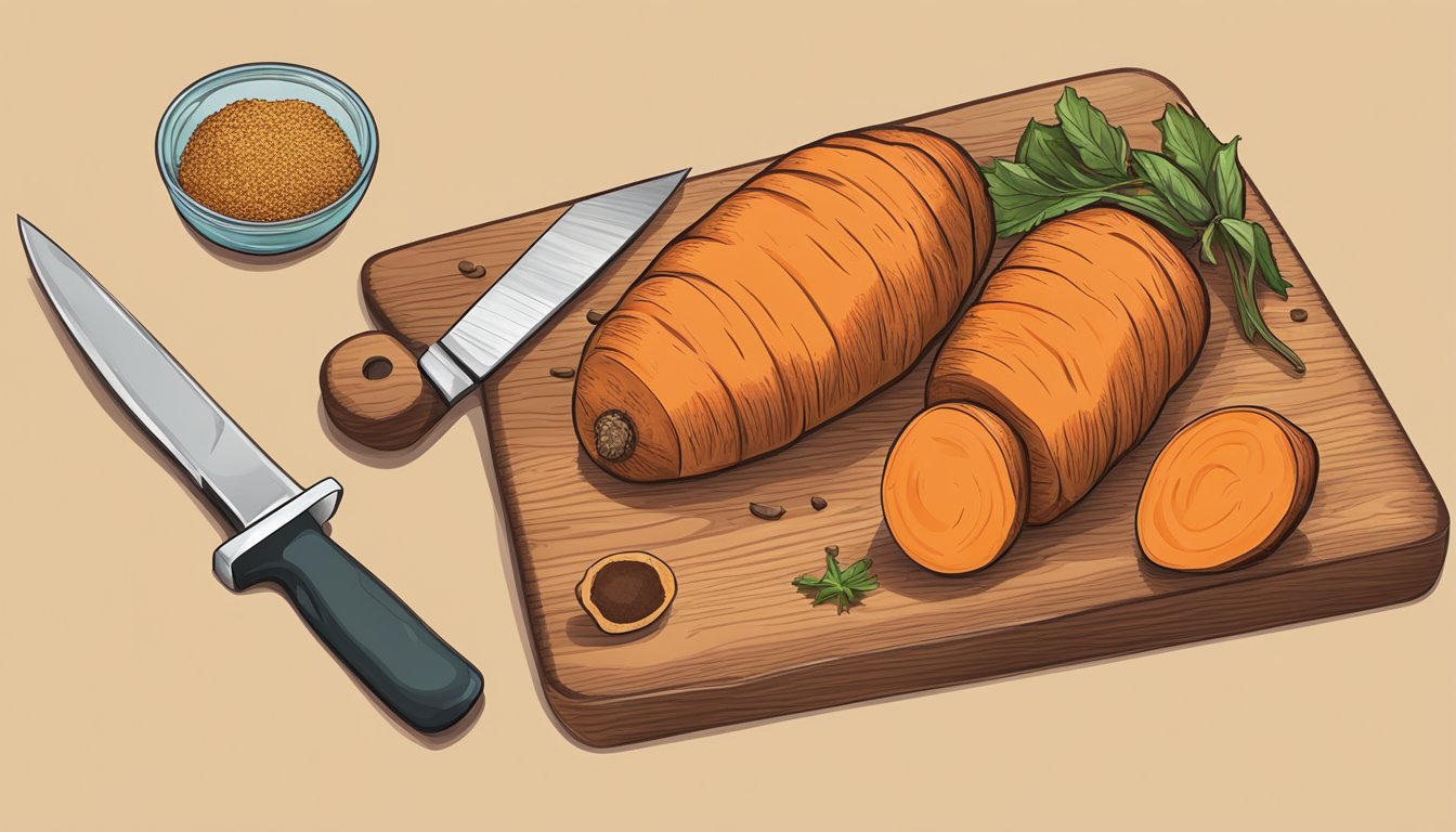 A cutting board with sweet potatoes, a knife, and a bowl of seasoning