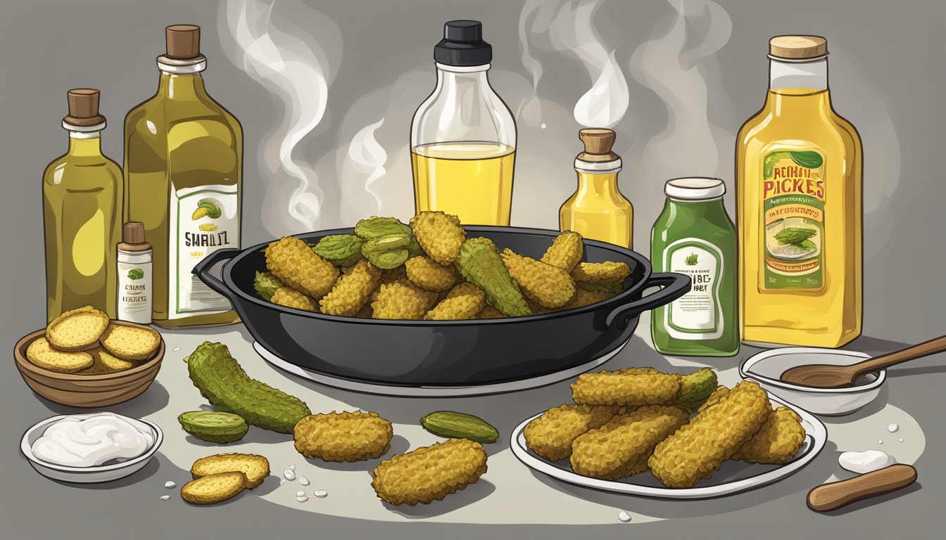 Various bottles of cooking oils surround a skillet filled with sizzling fried pickles. Smoke rises as the golden-brown pickles cook in the hot oil