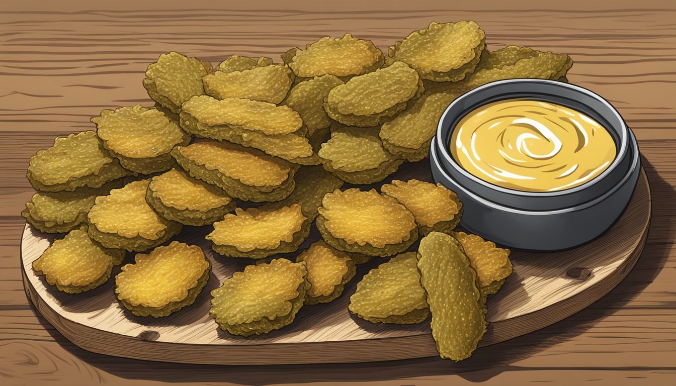 Golden fried pickles arranged on a wooden serving board with a side of dipping sauce