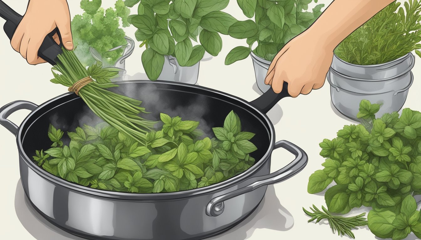 Fresh herbs being plucked from a garden, washed, and then placed in a sizzling pan of hot oil