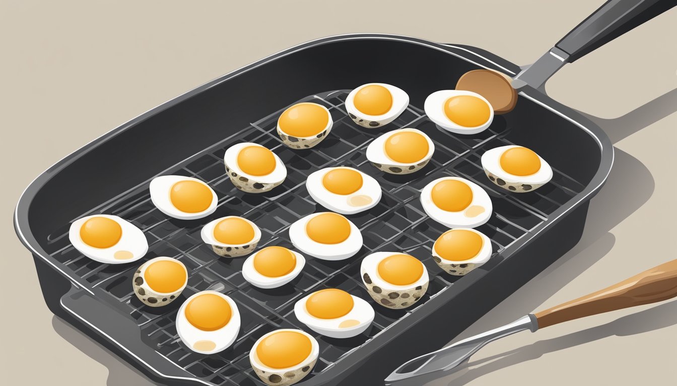 Quail eggs being carefully fried in a sizzling pan, with a spatula nearby for safe handling