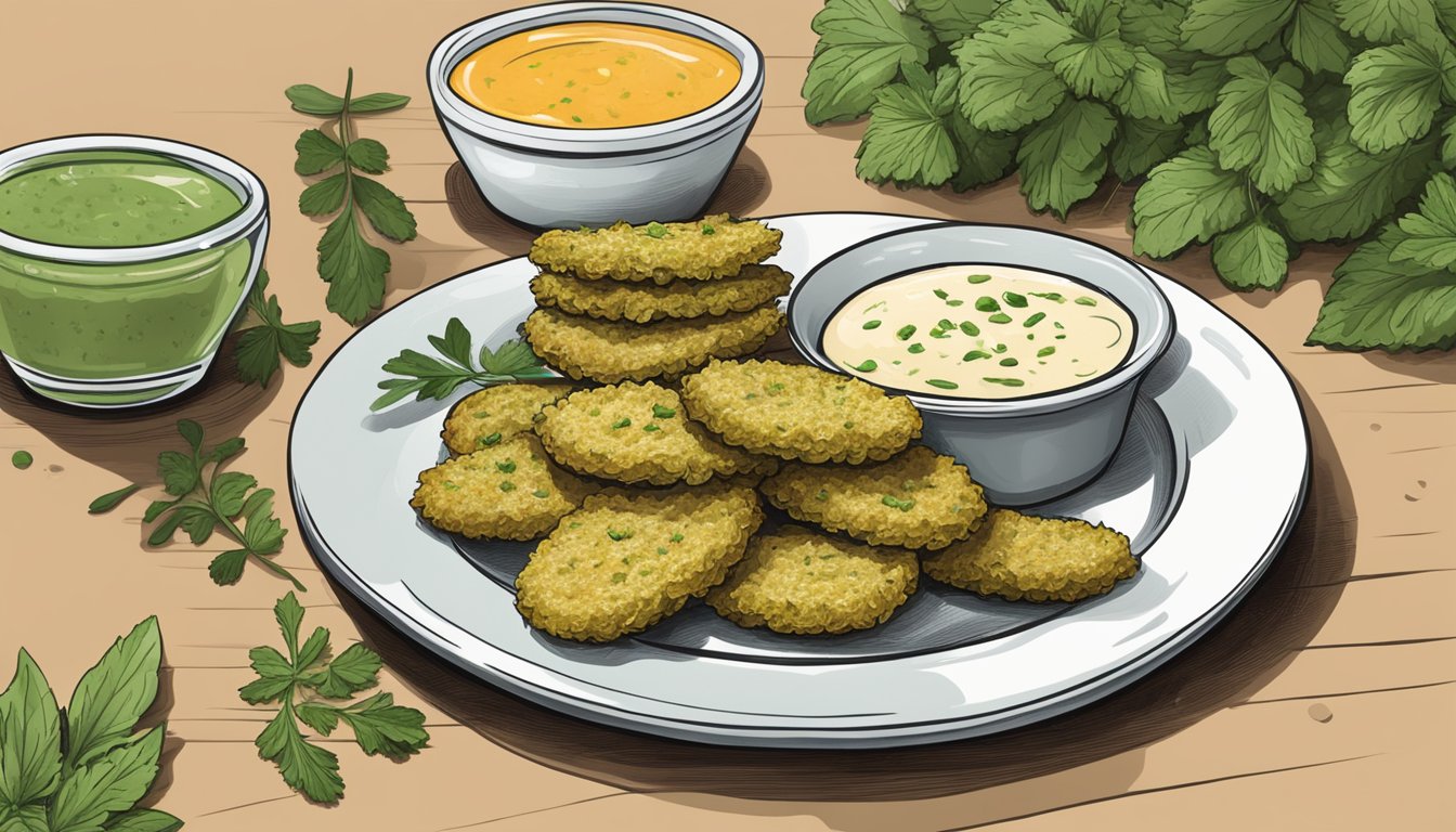 A plate of fried pickles surrounded by fresh herbs and a side of dipping sauce