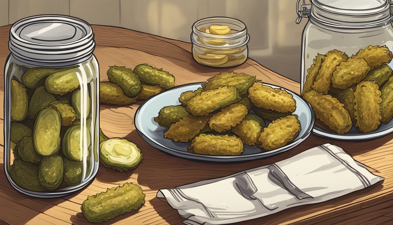 A plate of golden, crispy fried pickles sits on a wooden cutting board next to a jar of pickles and a container of leftover pickles in the fridge