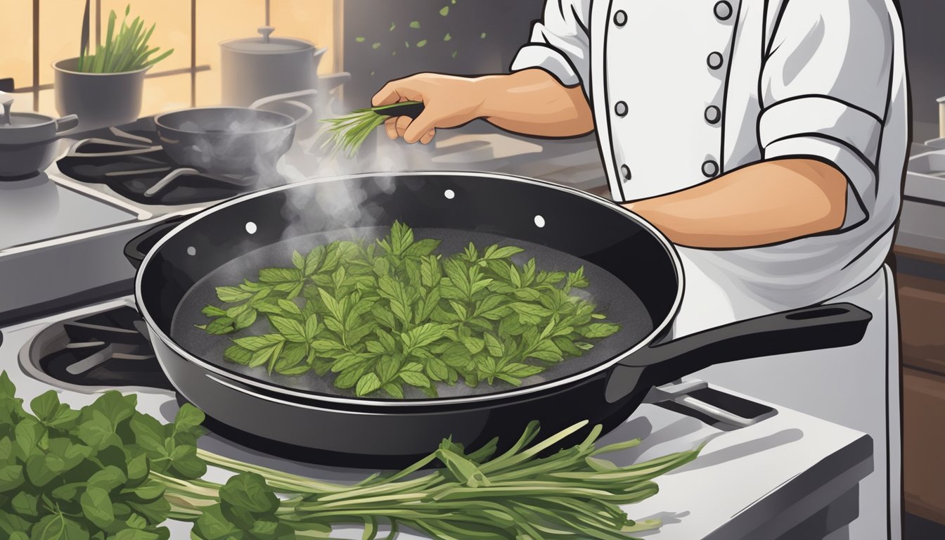 Fresh herbs sizzling in a hot pan, releasing aromatic steam as they fry to a crispy golden brown. A chef's hand holds the pan, carefully flipping the herbs with a spatula