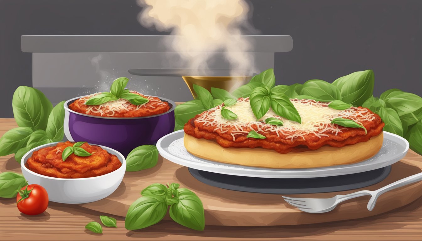 A wooden table with a steaming hot plate of eggplant parmesan, surrounded by fresh basil leaves and a sprinkling of grated cheese