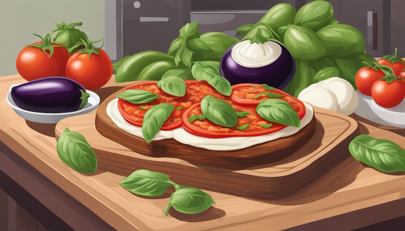 Eggplant parmesan being prepared in a kitchen, with fresh eggplants, tomatoes, basil, and mozzarella laid out on a wooden cutting board