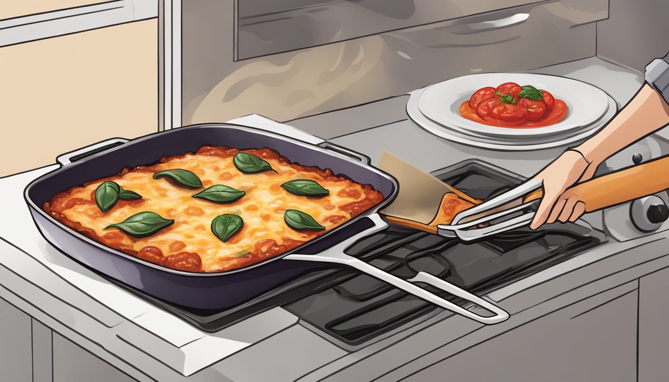 A sizzling hot eggplant parmesan dish being pulled out of the oven, bubbling with melted cheese and fresh tomato sauce