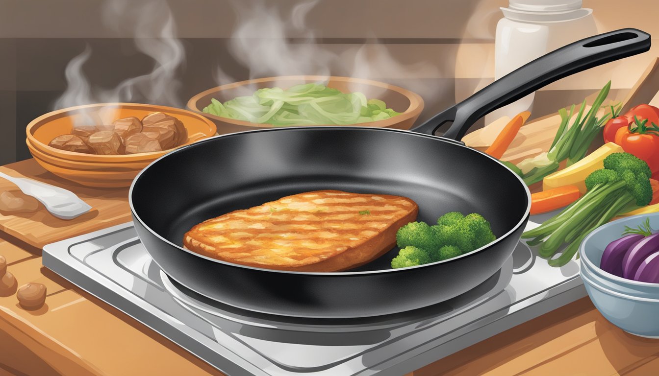 A skillet sizzles as oil coats the surface, ready to receive a variety of ingredients like meats, vegetables, or tofu being added and cooked to perfection