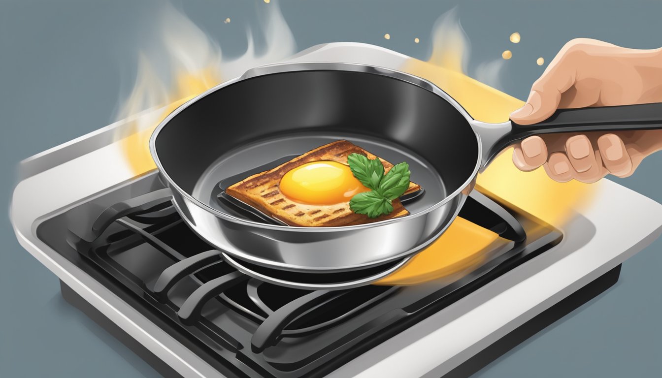 A sizzling skillet on a stovetop, with a thin layer of oil and a piece of food being flipped with a spatula