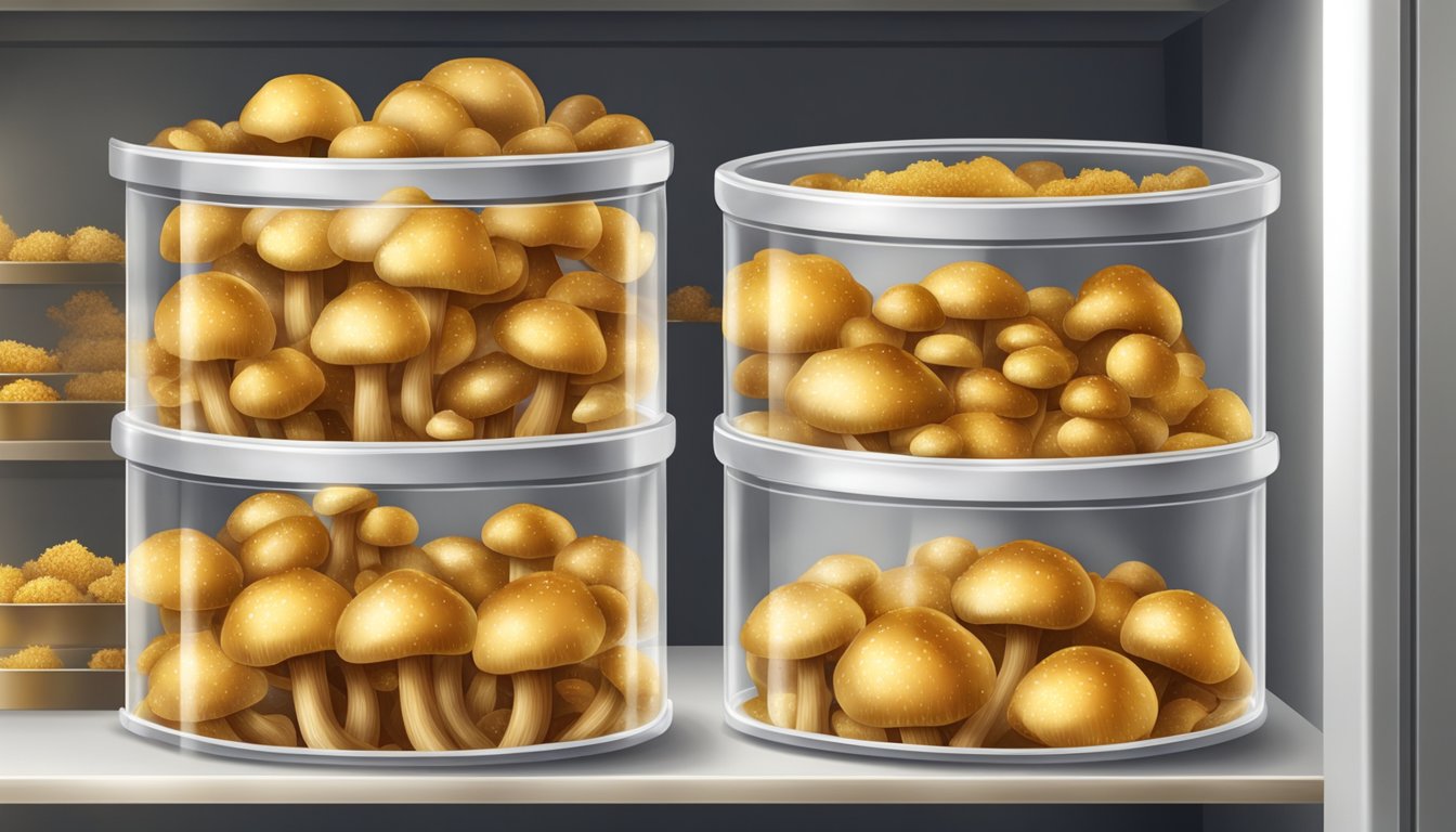 Golden fried mushrooms in a sealed container on a shelf