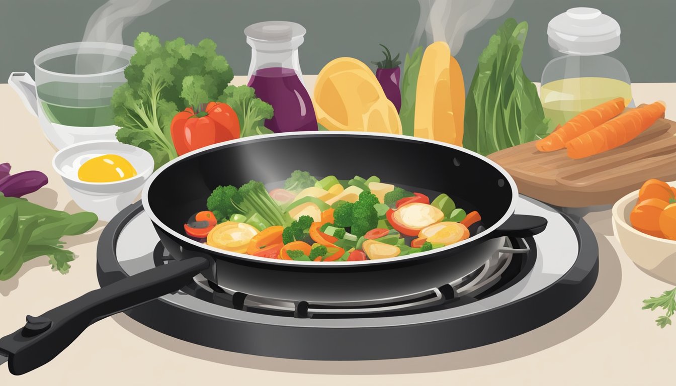 A skillet sizzling with a variety of fresh ingredients being pan-fried over a stovetop. Steam rises as the food cooks, filling the kitchen with savory aromas