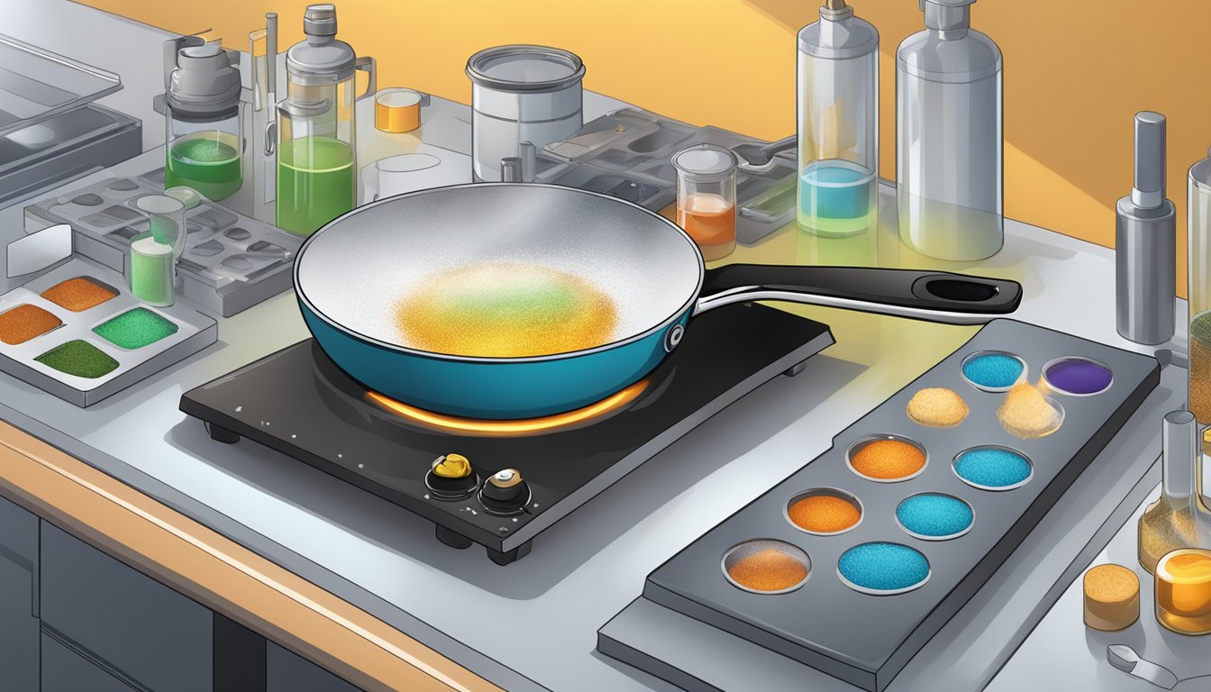 A sizzling frying pan with various coatings being tested under heat, surrounded by lab equipment and samples