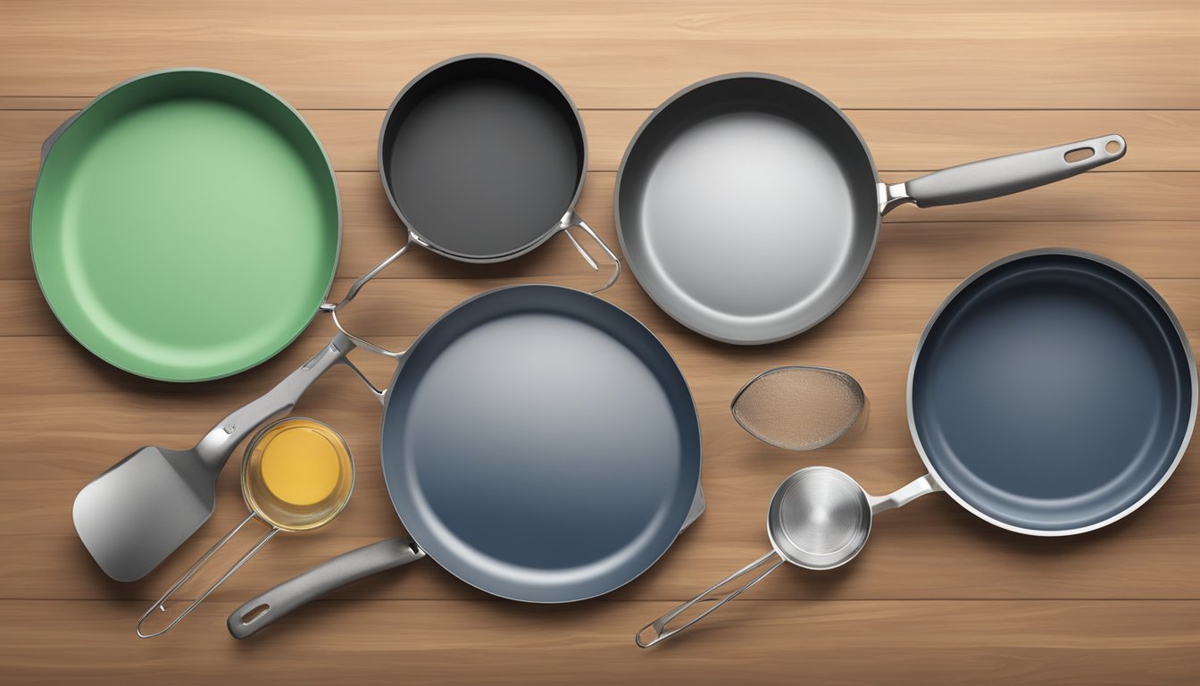 A variety of base materials and coatings for frying pans displayed on a table. Glass, stainless steel, ceramic, and non-stick options are shown