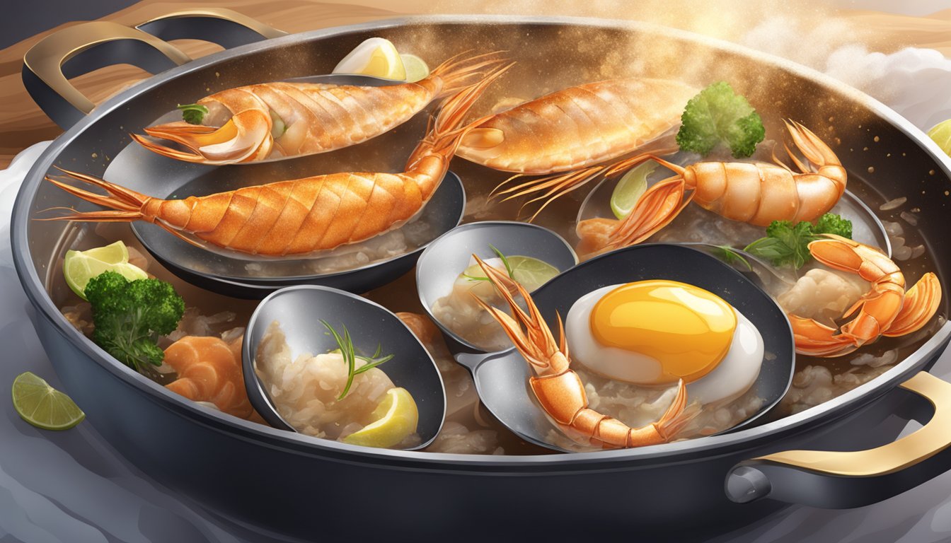 Seafood sizzling in a hot frying pan, surrounded by rising steam and a golden-brown crust forming on the surface