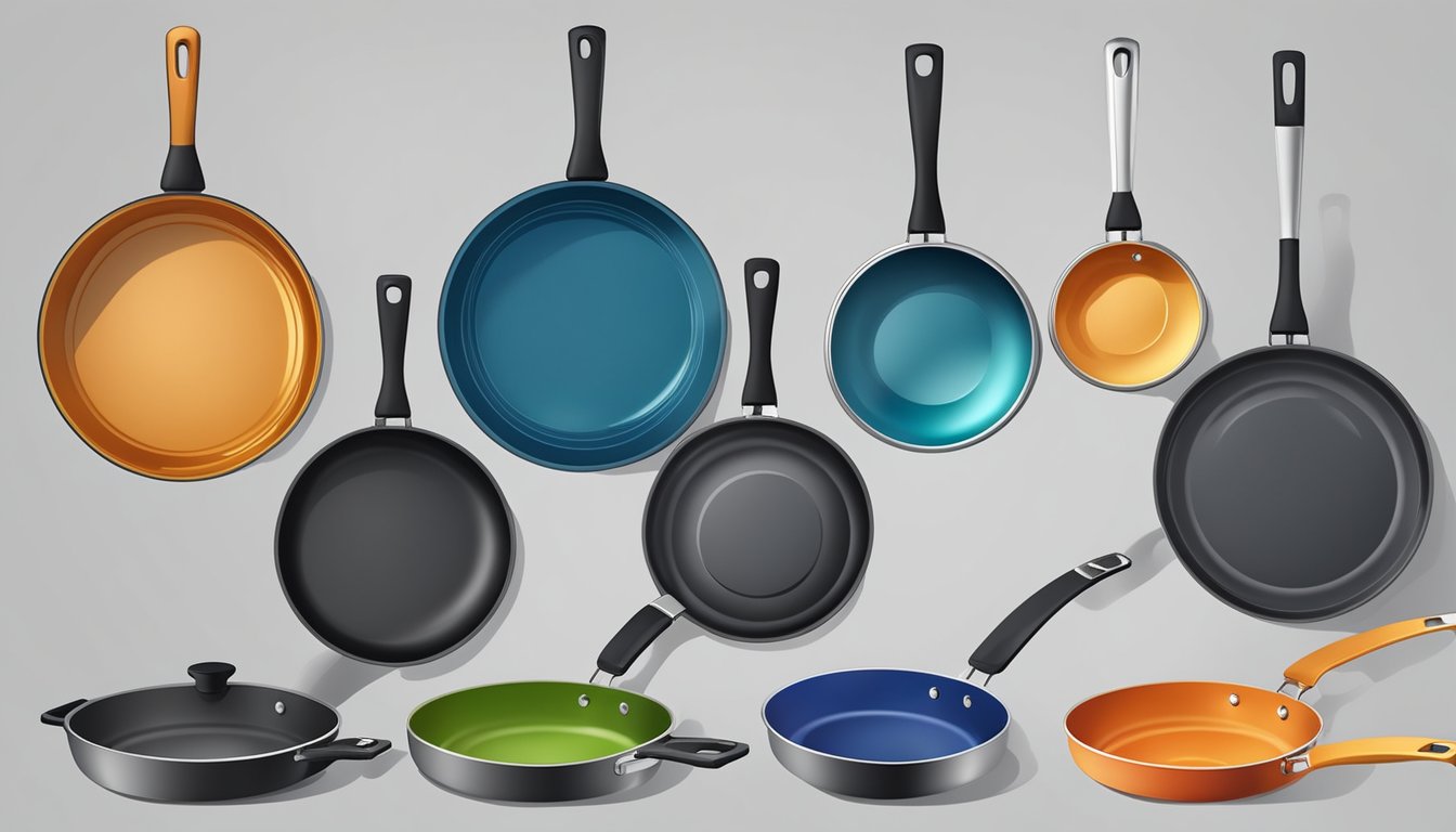 A variety of frying pans with different coatings sizzling on a stovetop. Some pans are non-stick, others have ceramic or stainless steel coatings