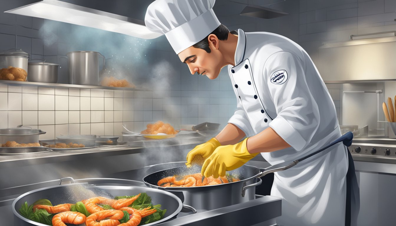 A chef carefully frying seafood in a well-ventilated kitchen, wearing protective gloves and using a splatter guard