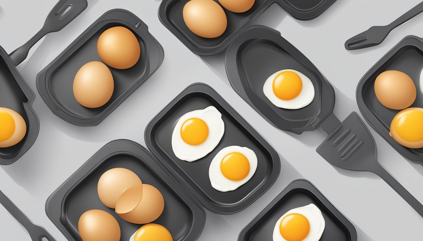 A sizzling pan with a non-stick coating, frying eggs without oil. The eggs slide effortlessly on the surface, showing the effectiveness of the coating