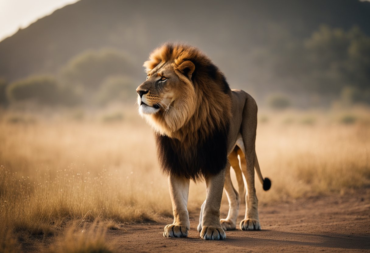 A lion standing tall with a strong posture, gazing ahead with a commanding presence