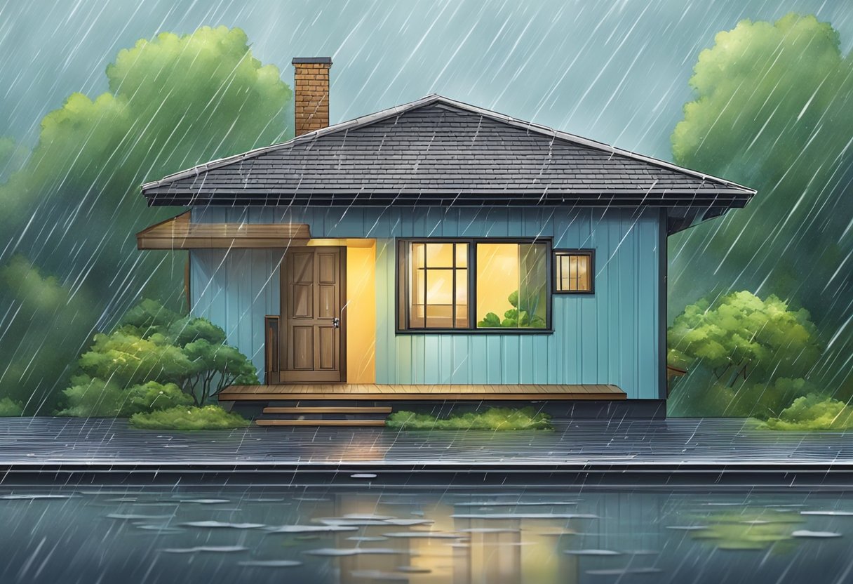 A house with a box gutter overflowing during heavy rain