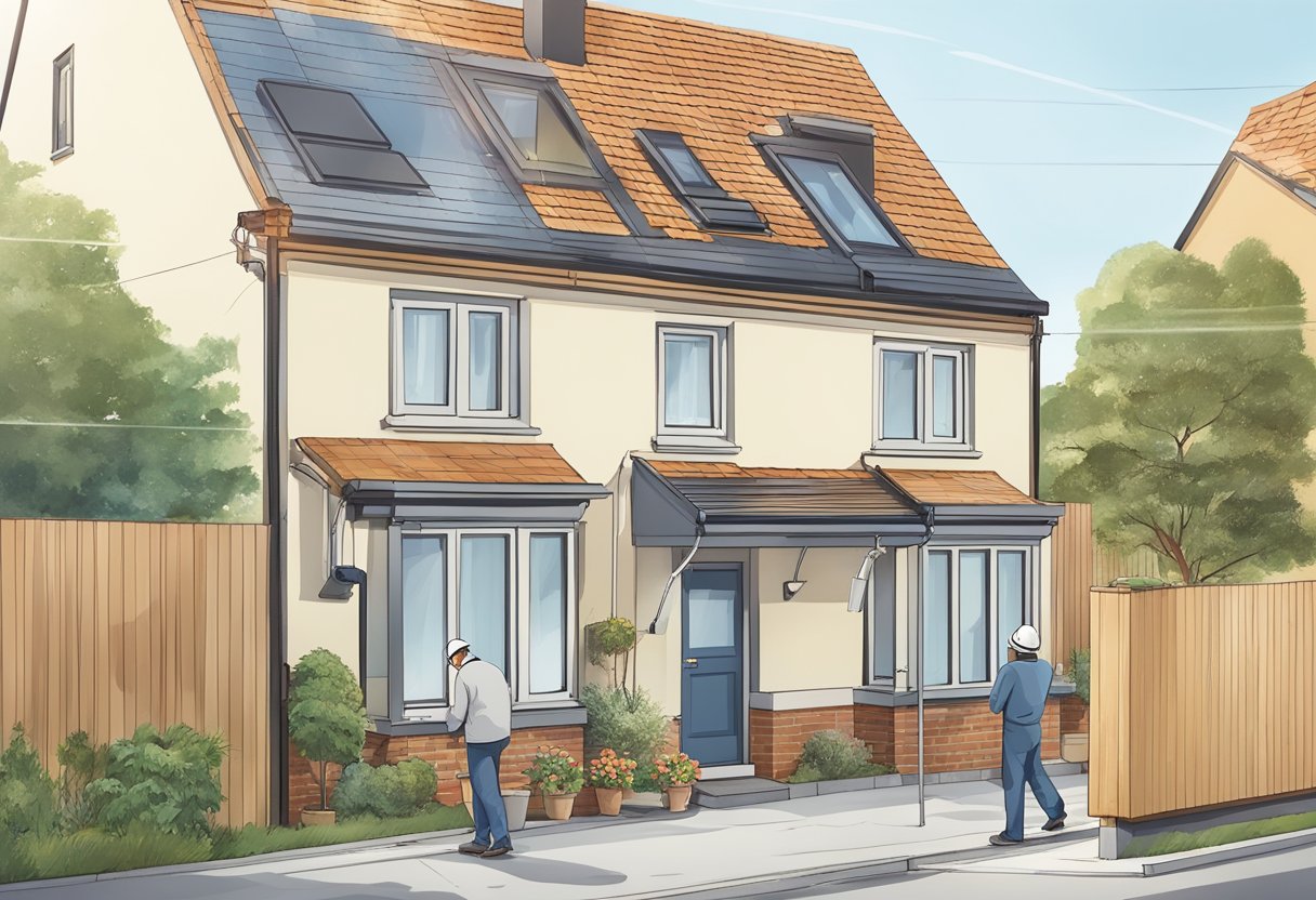 A house with guttering being installed, with a person consulting a local building authority