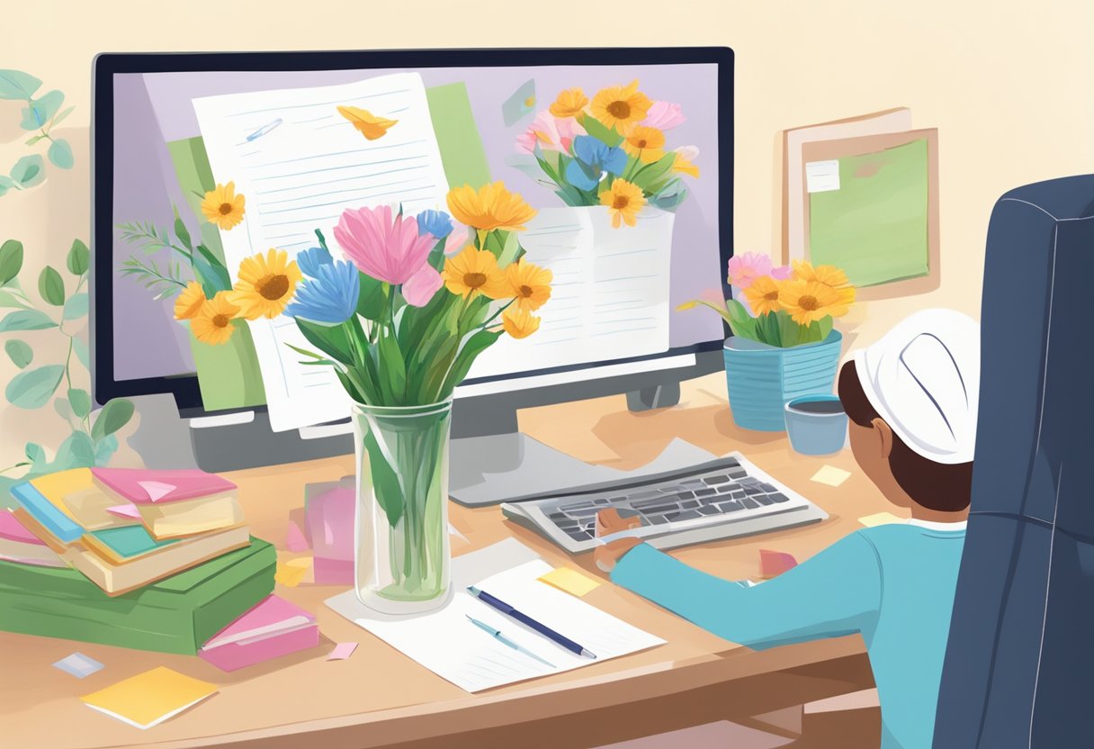 A parent leaves a bouquet of flowers and a note of encouragement on their daughter's desk