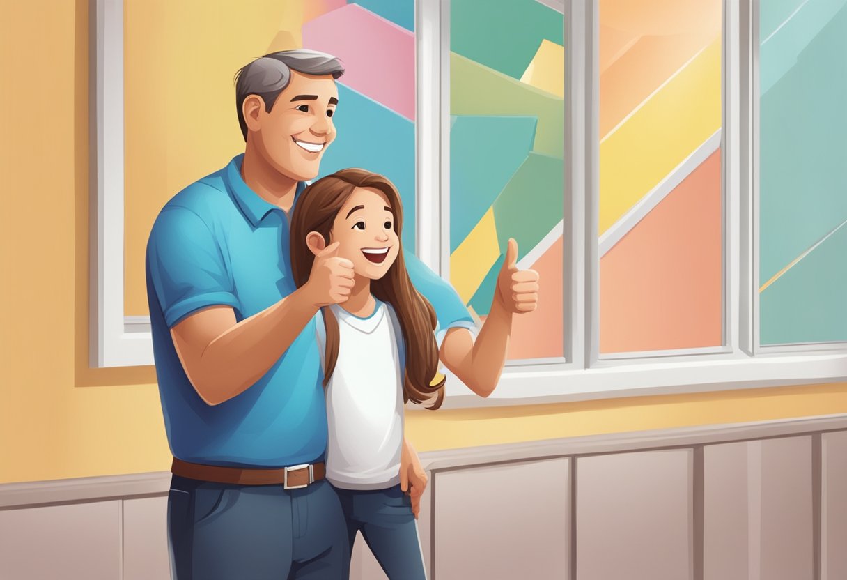 A father smiles, claps, and gives a thumbs-up to his daughter as she proudly displays her achievements on a wall