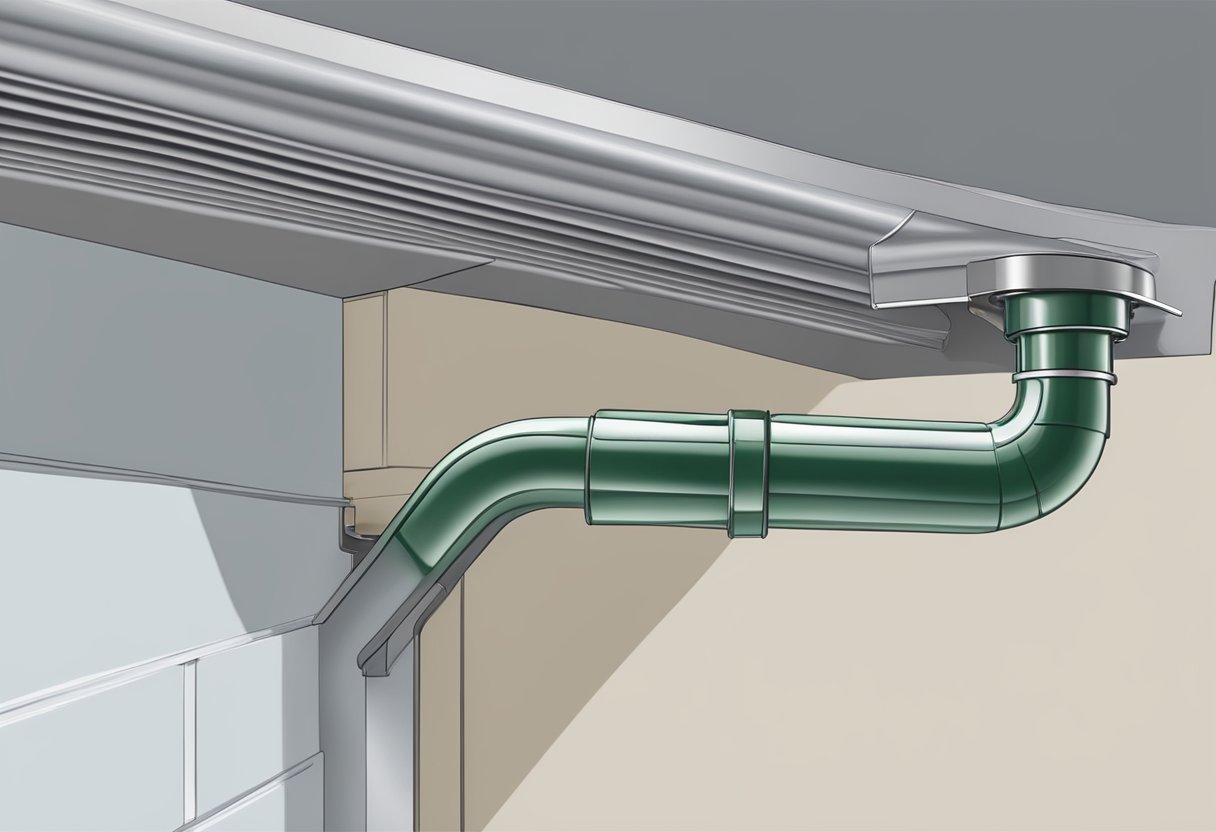 Two gutter pipes connect at a 45-degree angle, secured with a metal connector and sealed with waterproof adhesive