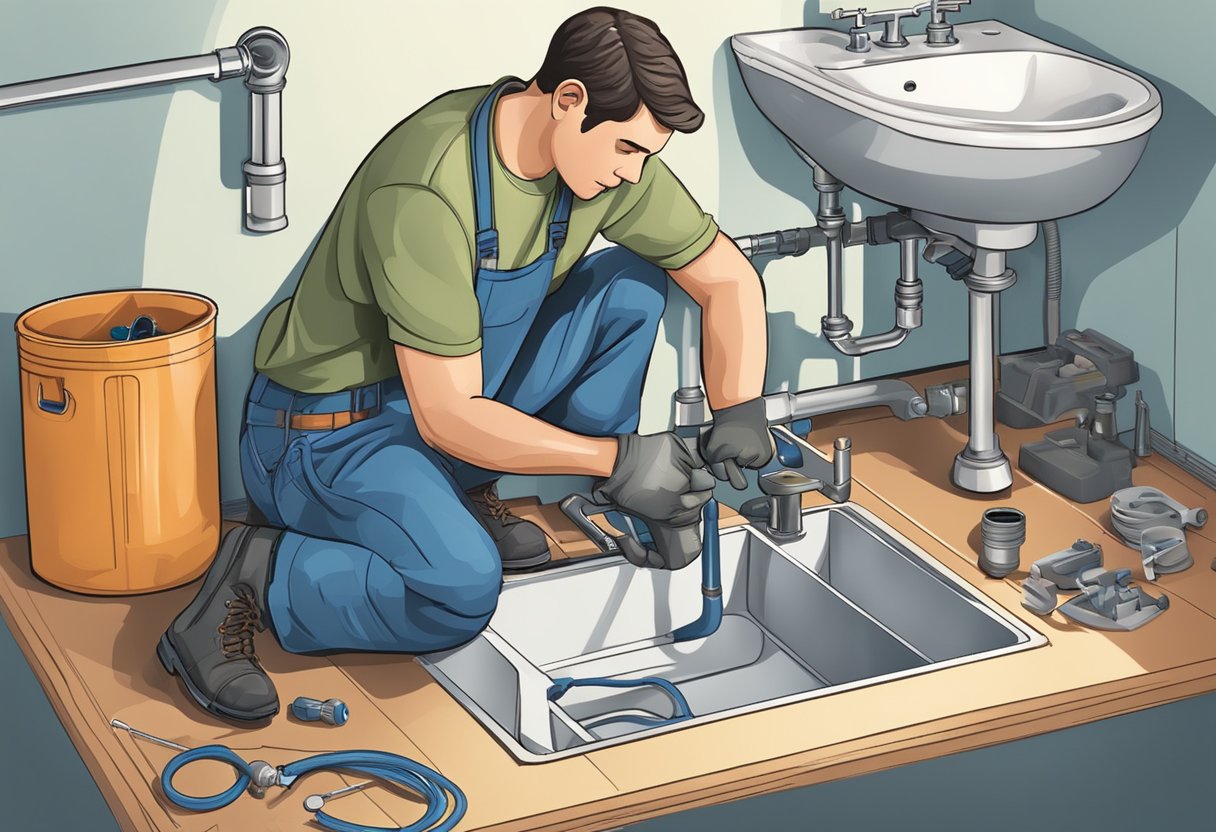 A person installing pipes under a sink, surrounded by plumbing tools and materials