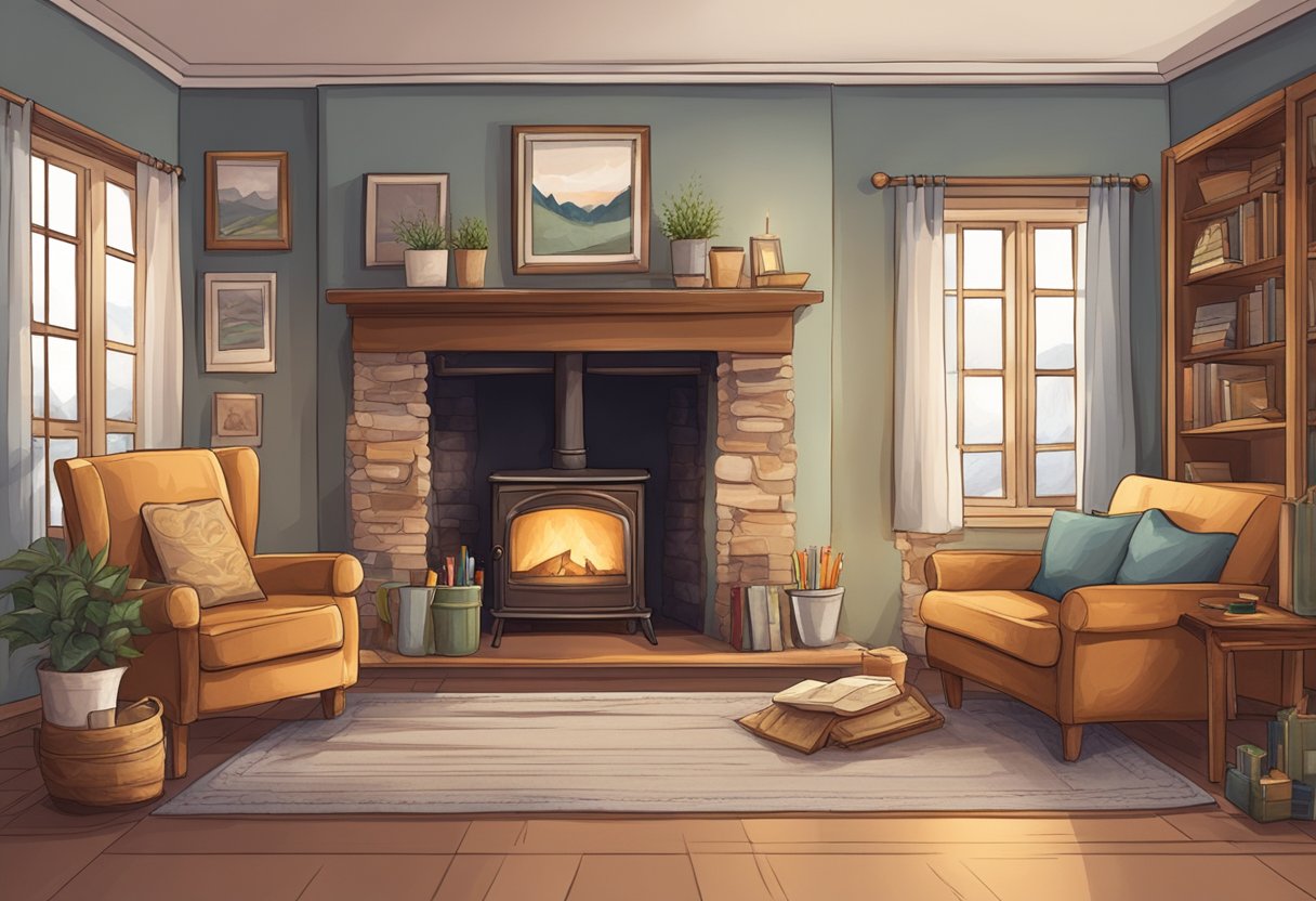 A cozy living room with a crackling fireplace, a worn armchair, and a small table with a handwritten letter and a photo album