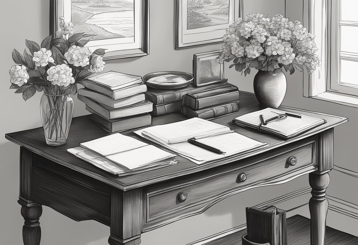 A cozy living room with a vintage writing desk, a stack of old photographs, and a vase of fresh flowers. A letter sits on the desk, ready to be written