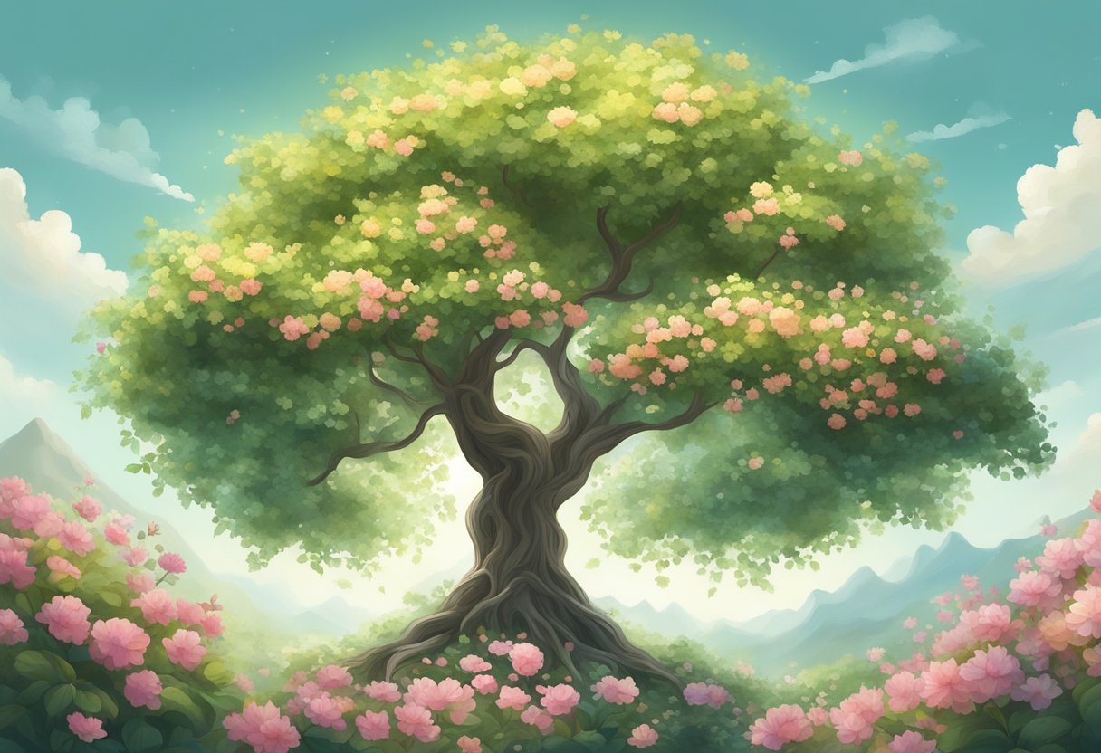 A young tree growing tall and strong, surrounded by a garden of blooming flowers, symbolizing personal growth and character building