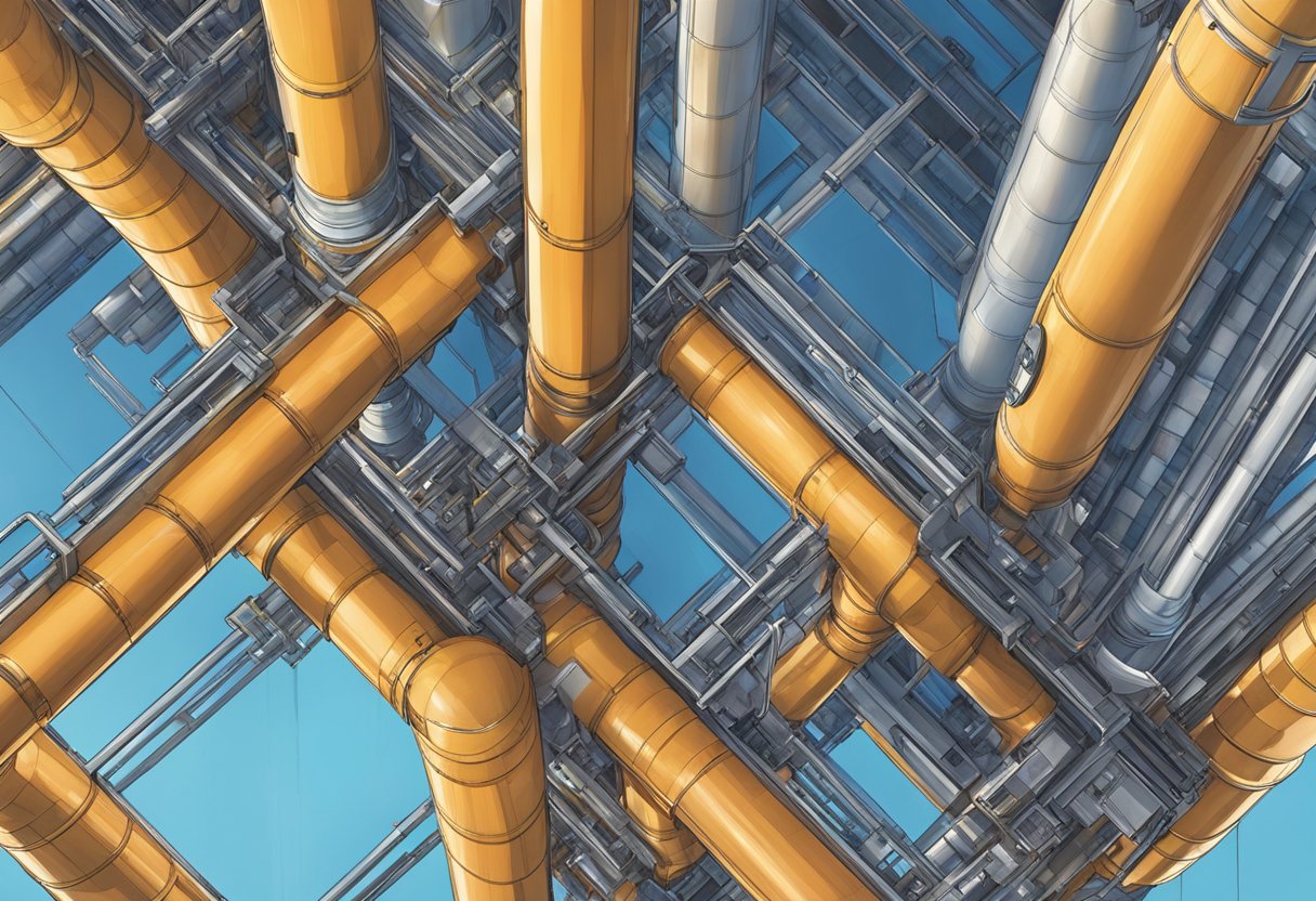 A cluster of vertical pipes protrude from the rooftop, connecting to various angles and lengths