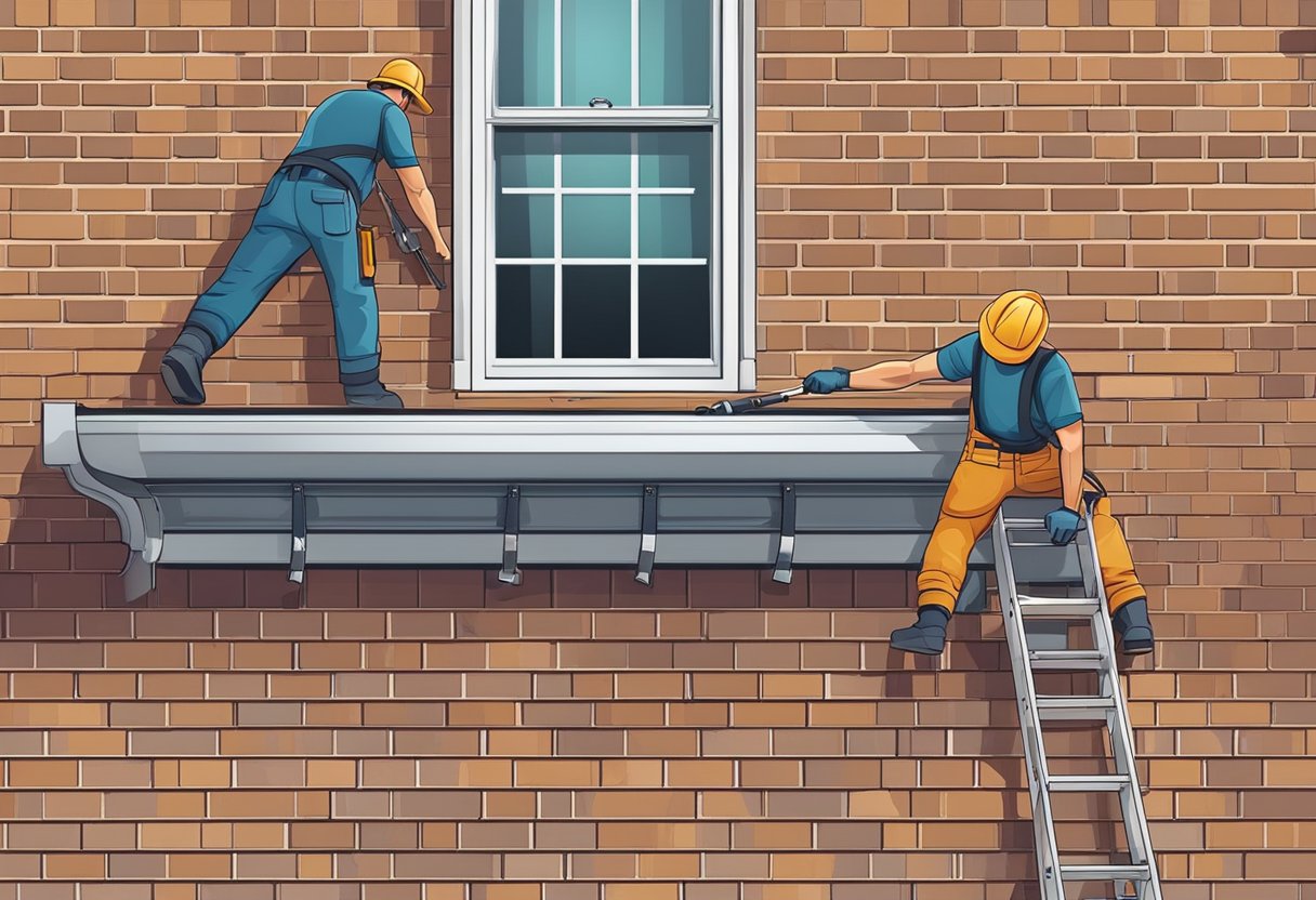 A gutter being installed on a residential roof by a worker using a ladder and tools. The worker measures and secures the gutter to the edge of the roof