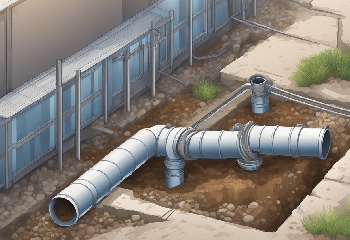 A network of underground gutter drains leading away from a building, connected by PVC pipes and surrounded by soil and gravel