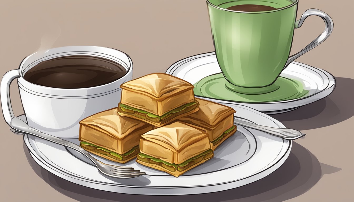 A table set with a plate of baklava, a cup of coffee, and a small fork