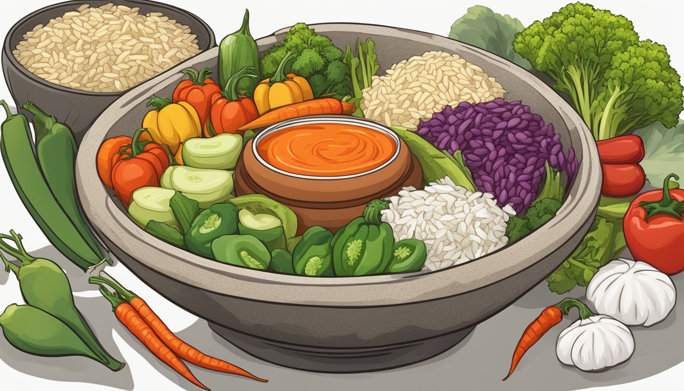 A colorful array of fresh vegetables, rice, and spicy sauce arranged in a stone bowl, ready to be mixed and devoured