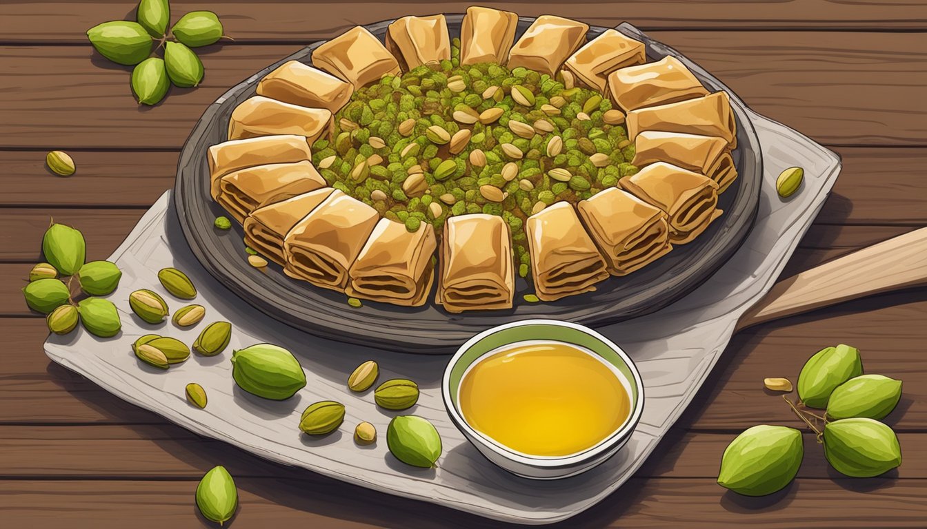 A plate of baklava sits on a wooden table, surrounded by scattered pistachios and honey drizzle. A fork hovers above, ready to indulge