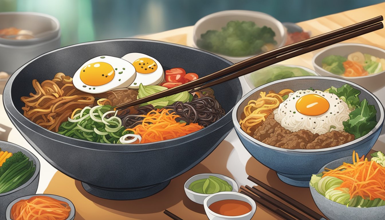 A pair of chopsticks hovers over a vibrant bowl of bibimbap, mixing the colorful ingredients together in a sizzling stone bowl