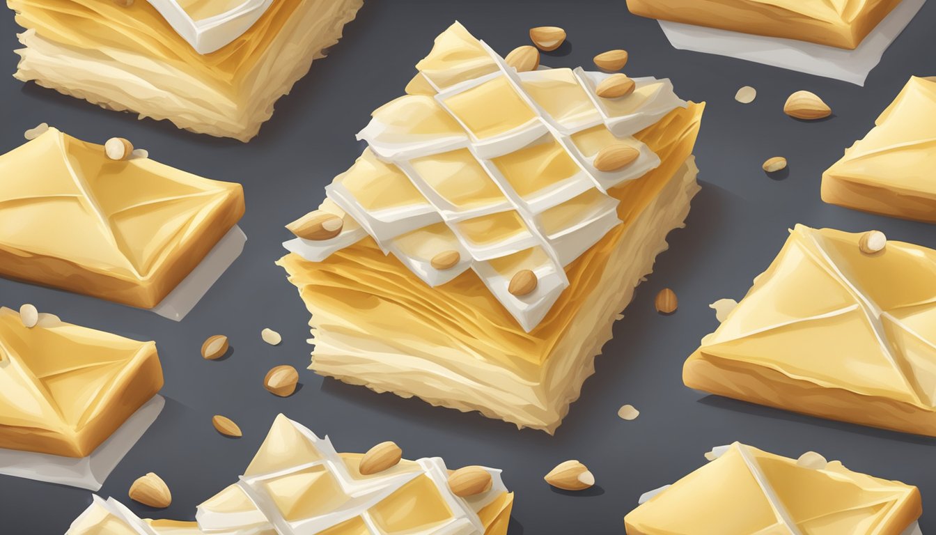 Layers of phyllo dough, brushed with butter and sprinkled with chopped nuts, are stacked in a baking dish. The top layer is scored into diamond shapes before baking