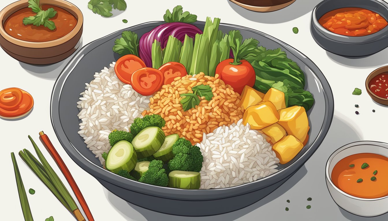 A colorful array of fresh vegetables, rice, and protein arranged in a bowl, with a side of spicy gochujang sauce