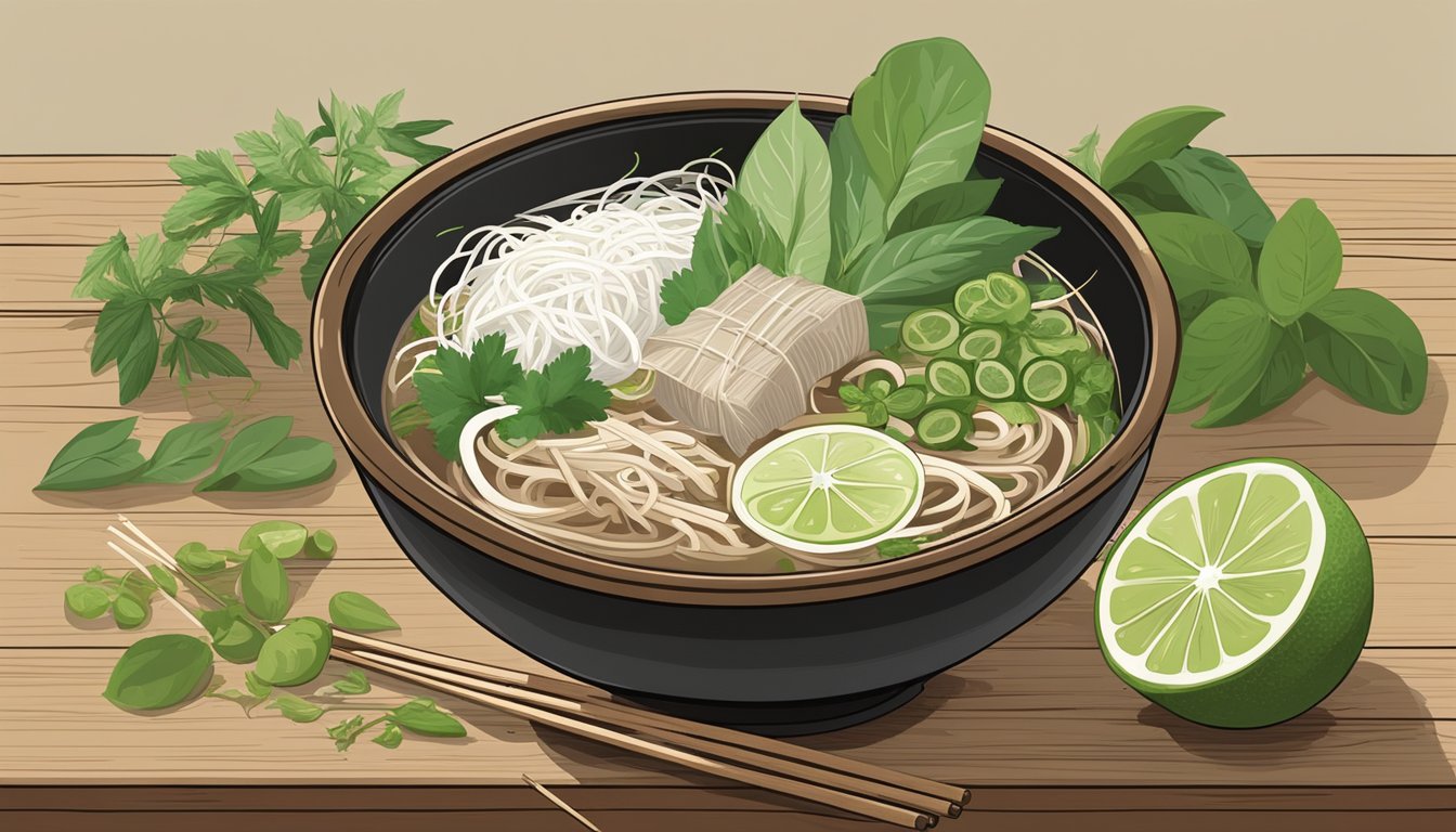 A steaming bowl of pho sits on a wooden table, surrounded by fresh herbs, lime wedges, and bean sprouts. Steam rises from the broth, and chopsticks rest on the side