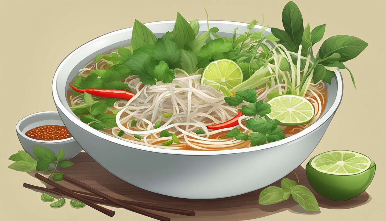 A steaming bowl of pho with an array of fresh herbs, bean sprouts, lime wedges, and chili peppers on the side