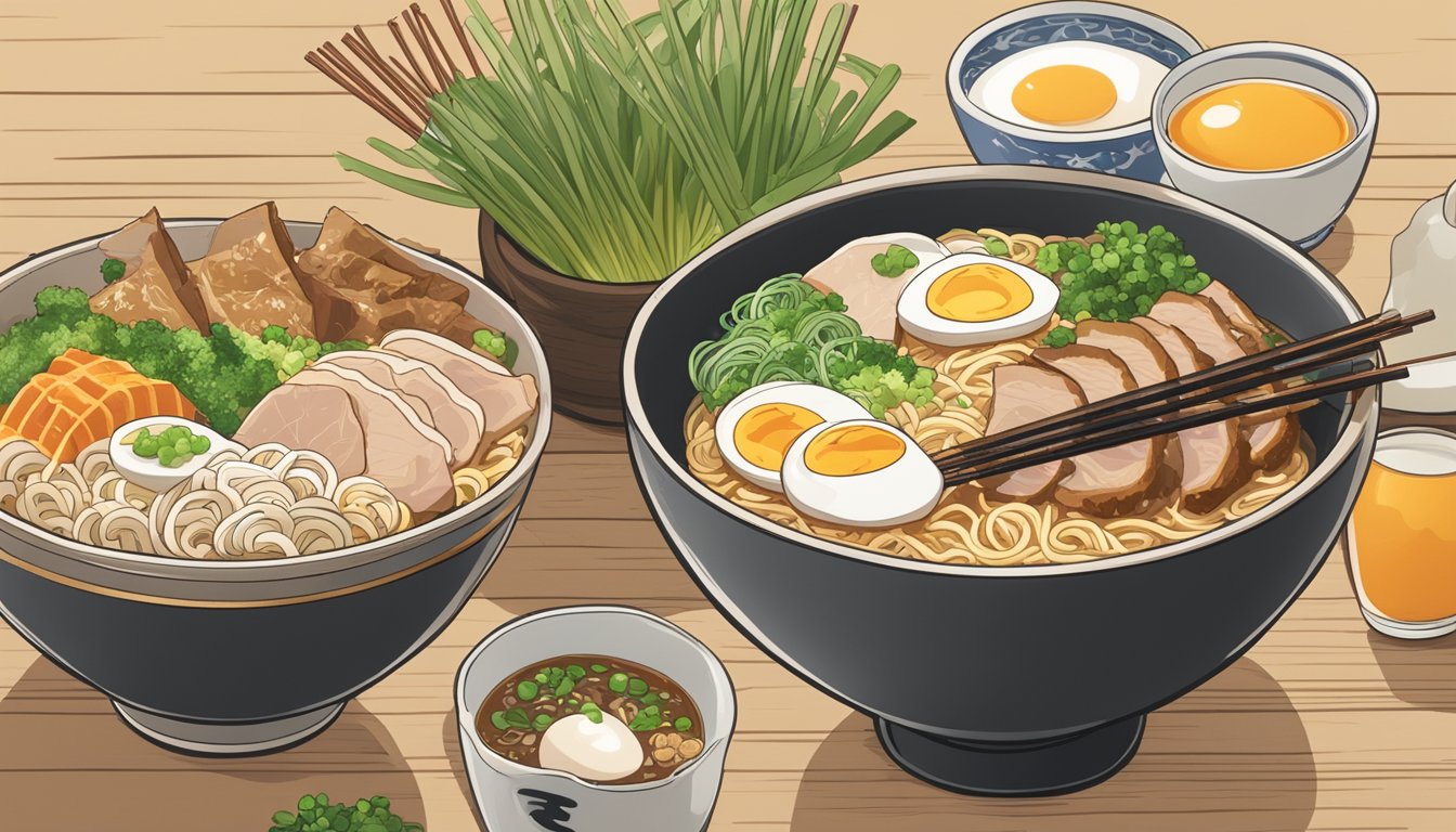 A steaming bowl of ramen sits on a wooden table, surrounded by chopsticks, a spoon, and various toppings like sliced pork, green onions, and a soft-boiled egg