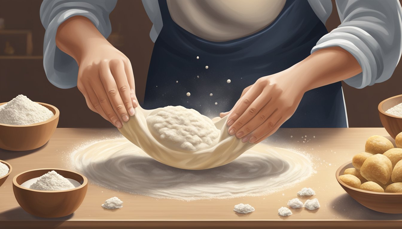 A pair of hands rolling out dough, surrounded by bowls of filling and flour