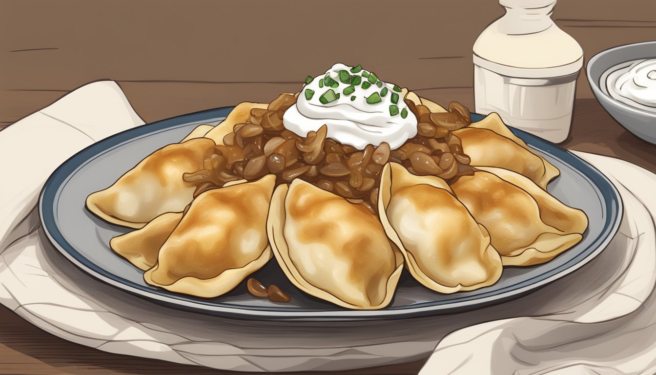 A plate of pierogi topped with caramelized onions and served with a dollop of sour cream