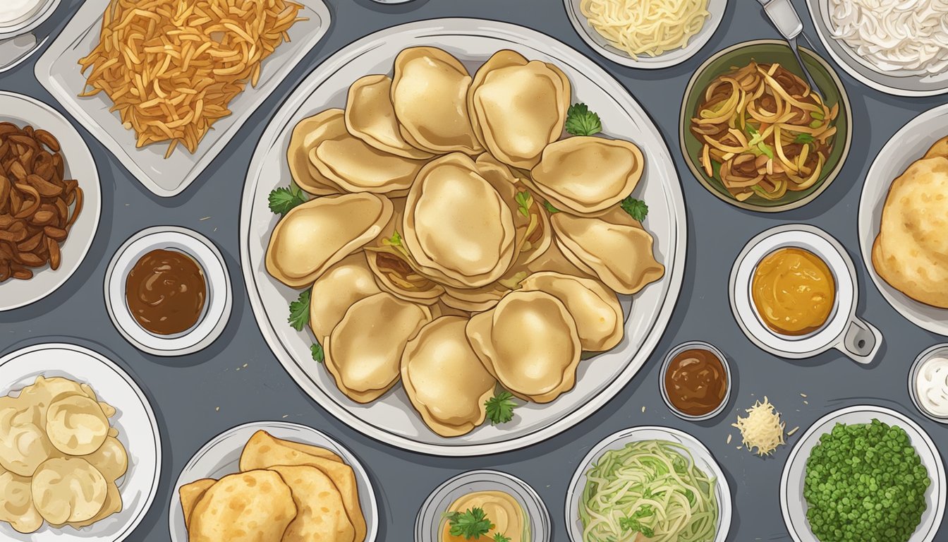 A plate of pierogi surrounded by various side dishes like sauerkraut, sour cream, and fried onions