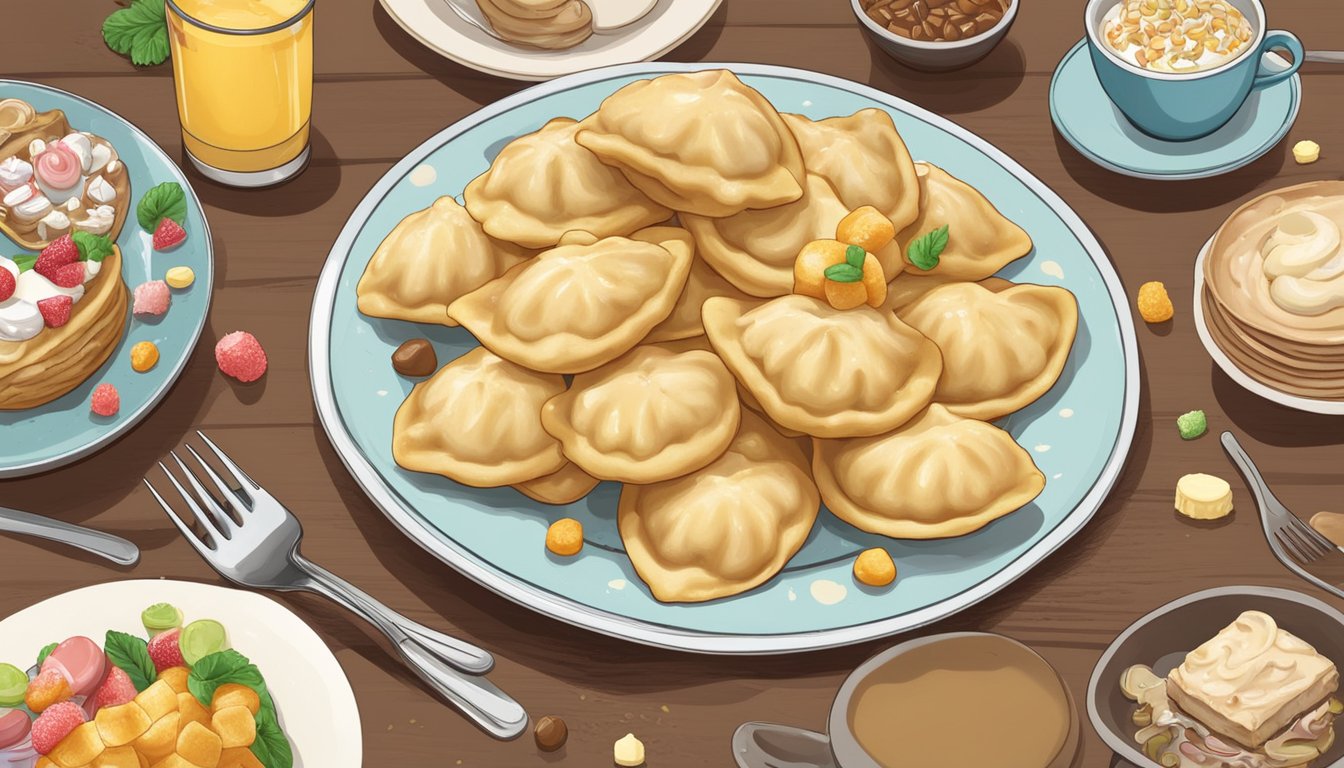 A plate of pierogi being eaten with a fork, surrounded by various sweets and desserts