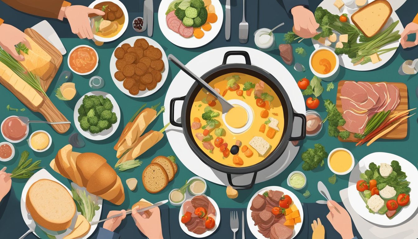 A table set with a fondue pot surrounded by various ingredients like bread, vegetables, and meats, with people reaching in to dip and eat